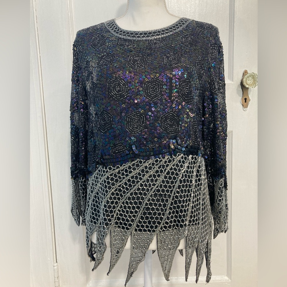 Vintage Marc Lewis Silk Black Beaded Pullover Long Sleeve Top Shirt Women’s S